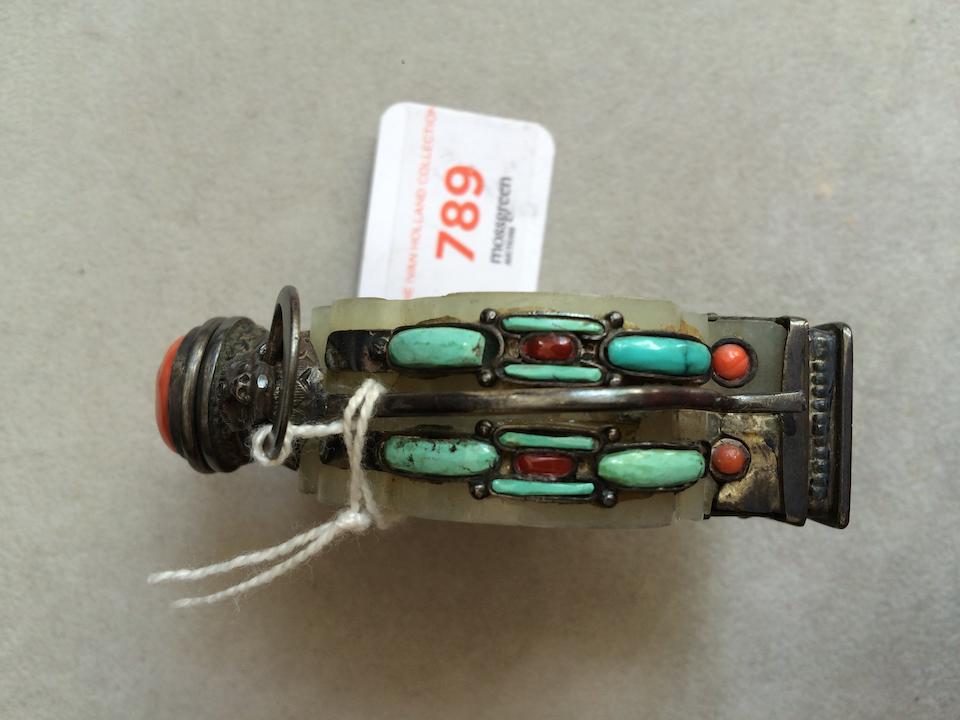 A Chinese carved jade 'marriage' snuff bottle with coral and turquoise inlays Late Qing dynasty