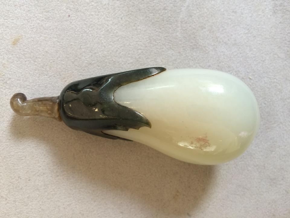 A Chinese carved white jade and hardstone 'aubergine' snuff bottle Qing dynasty late 18th to early 19th century, attributed to the palace workshop