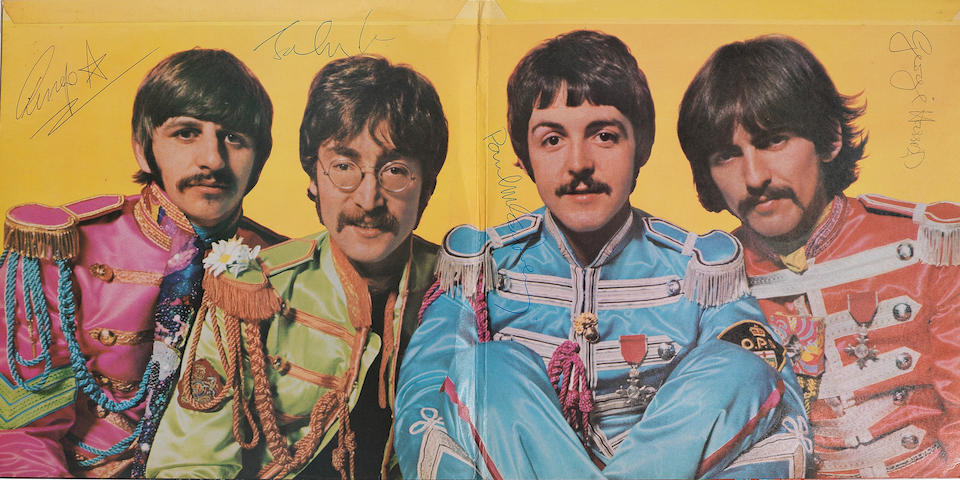 The Beatles: a rare autographed 'Sgt. Pepper's Lonely Hearts Club Band' album, signed on the gatefold sleeve by John Lennon, Paul McCartney George Harrison and Ringo Starr [later], 1967, Parlophone PMC 7027,