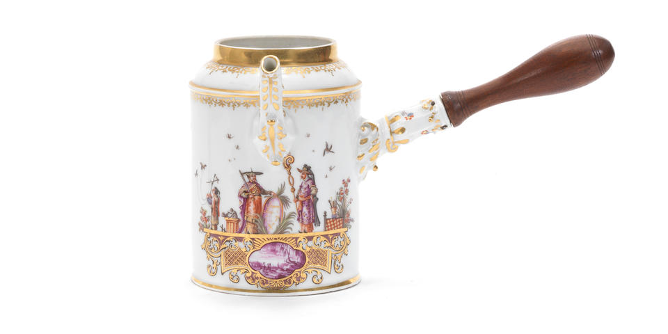 An unrecorded Meissen armorial chocolate pot from the service for the Elector Clemens August of Cologne, dated 1735