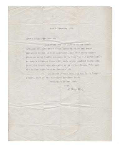 EINSTEIN (ALBERT) Typed letter signed ("A. Einstein"), to Heinz Niedermeier, in German, stating that he knows from the Gutmann family of their miserable situation and that he has written them a letter addressed to the French consulate at Vienna, Princeton, 2 November 1938