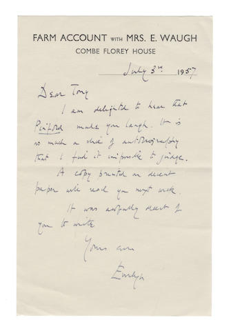WAUGH (EVELYN) Series of forty-two autograph letters and cards signed ("Evelyn Waugh", "Evelyn", "E.W." and "E"), to his fellow novelist Anthony Powell ("Dear Tony") and wife Lady Violet; London, Piers Court, Combe Florey and elsewhere, 1927-1964