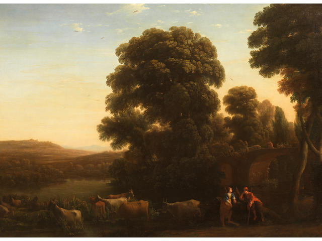Claude Gell&#233;e, called Claude Lorrain (Champagne 1600-1682 Rome) A pastoral landscape with a shepherd and shepherdess beside their livestock in an Arcadian landscape with drovers on a bridge beyond