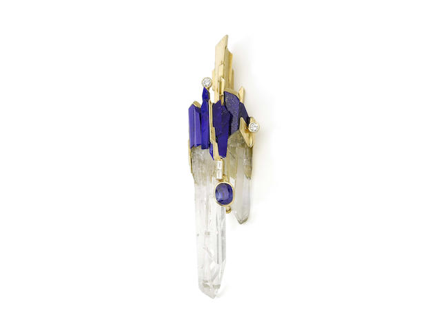 A quartz, lapis-lazuli sapphire and diamond pendant, by Jean Vendome,
