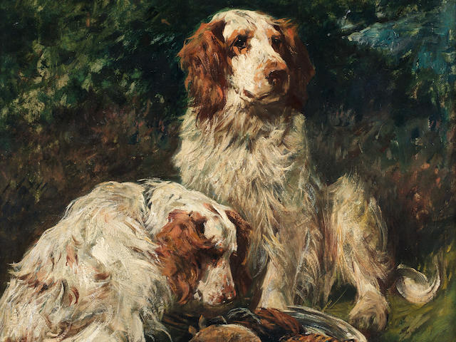 John Emms (British, 1843-1912) Two Clumber Spaniels with game in a landscape