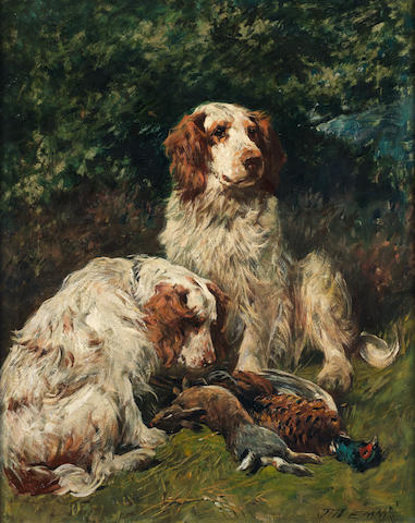 John Emms (British, 1843-1912) Two Clumber Spaniels with game in a landscape