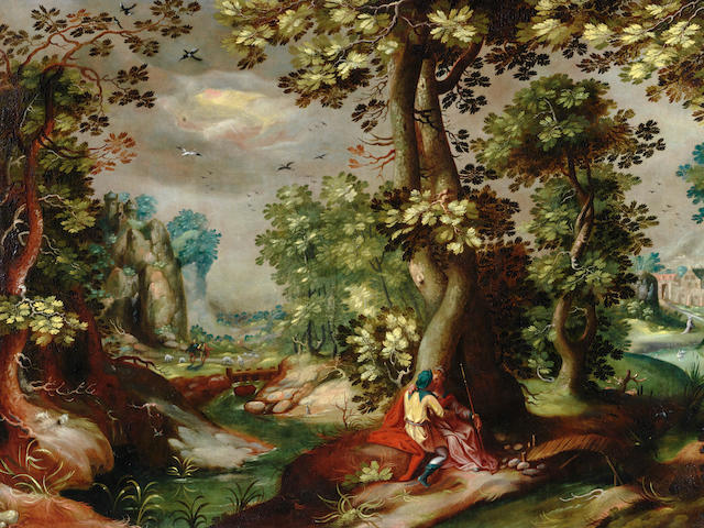 Circle of Gillis IV Coninxloo (Flemish, 1581-1619) A couple courting beneath a tree, a landscape beyond; and an extensive rocky landscape with drovers and their herds before a town  (2)
