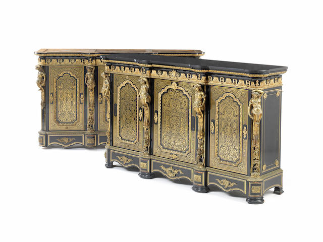 A Fine pair of French second half 19th century ebonised, cut brass inlaid and gilt bronze mounted 'Boulle' breakfront side cabinets Stamped Maison Kreiger  (2)