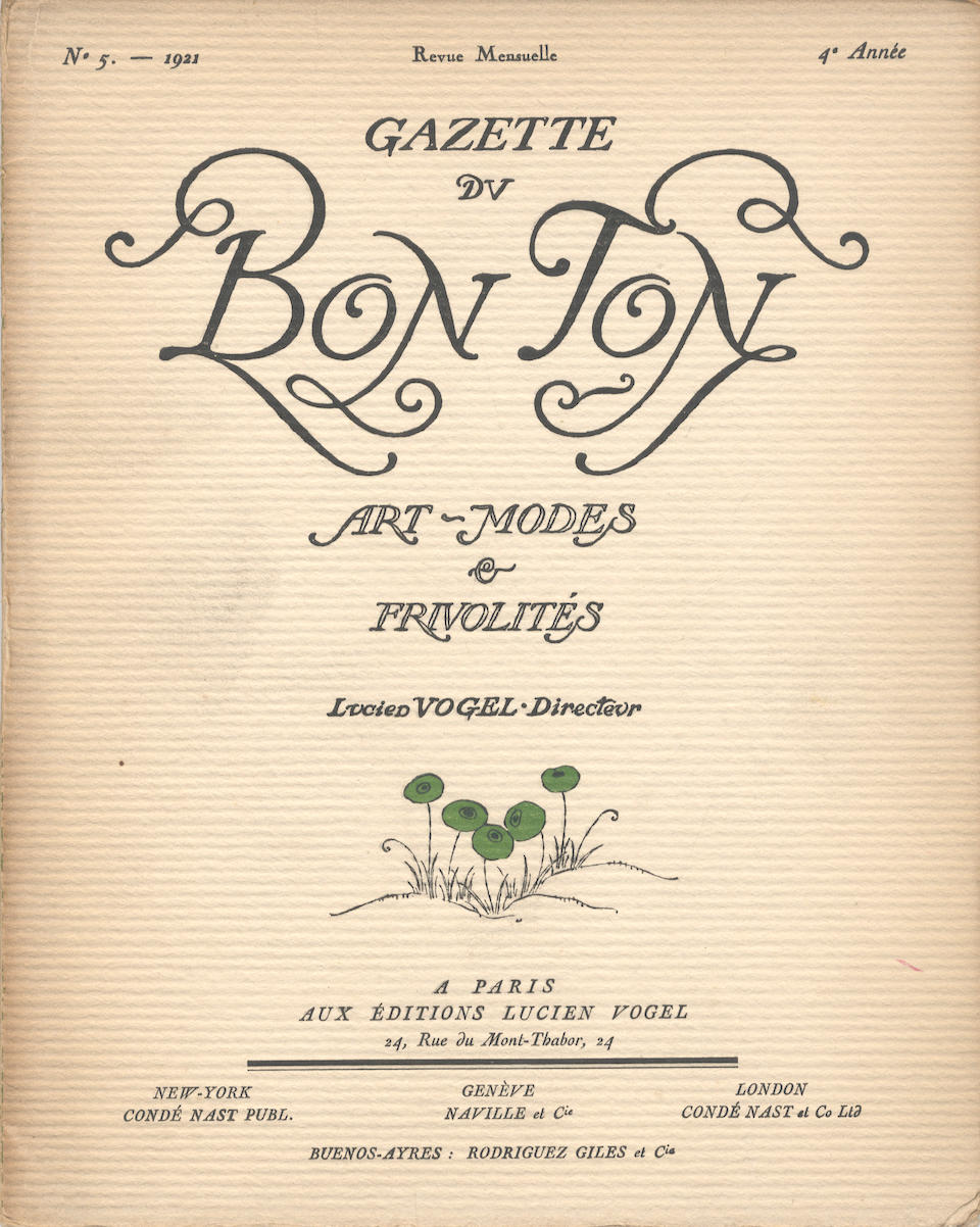 GAZETTE DU BON TON Gazette du Bon Ton. Arts, modes & frivolit&#233;s, vol. 1-7, comprising 63 (of 70) issues bound in 62 (lacking vol. 1, no.12; vol. 2, nos. 2-3 and 6; vol. 4, no.10; vol. 5, no.8-9), Paris, Librairie Centrale des Beaux Arts, 1912-1915, and 1920-1925; together with approximately 100 additional plates, either in duplicate issues (of which 5 complete) or loose (including 21 not found in main run), sold as a periodical (quantity)