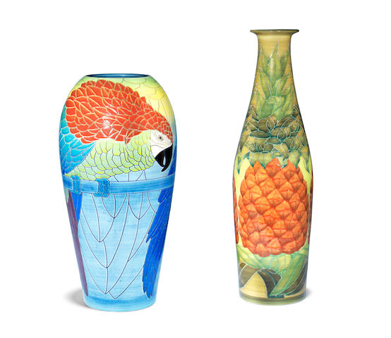 a vase with parrot design and a vase with pineapple design, by sally tuffin EACH WITH ARTIST MONOGRAMS AND DENNIS CHINAWORKS STAMP, 2000 AND 2001