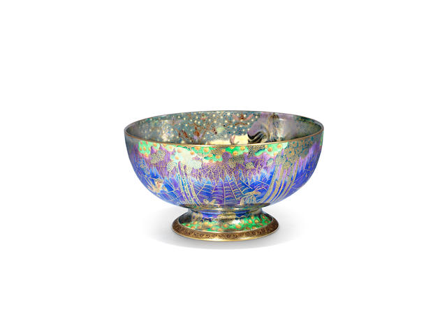 A Daisy Makeig-Jones 'Moonlight Fairyland Lustre' Bowl in the 'Woodland Elves III - Feather Hat' pattern  PRINTED WEDGWOOD MARKS; CIRCA 1925