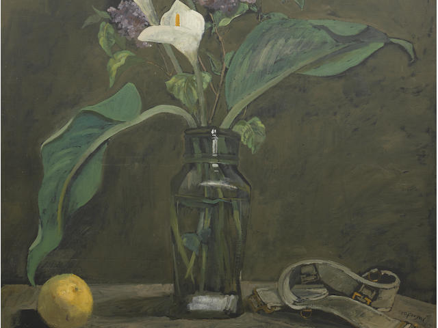 Yiannis Tsarouchis (Greek, 1910-1989) Still life: Arum lillies and irises in a vase, a lemon and a belt 100 x 73 cm.