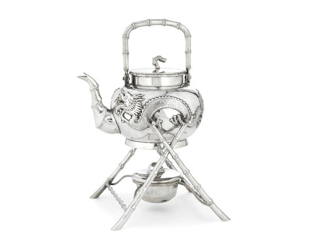 A Chinese Export silver tea kettle, stand and burner by Luen Wo, Shanghai circa 1900