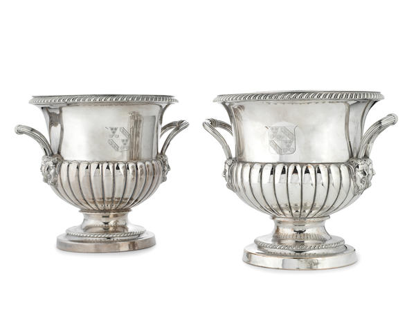 A pair of early 19th century Old Sheffield plate two-handled wine coolers unmarked (2)
