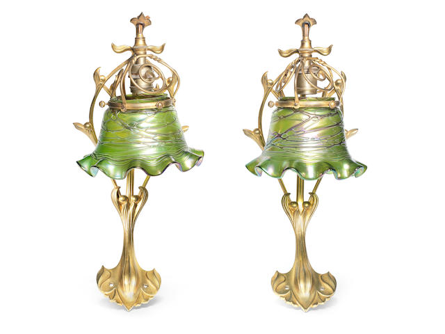 a pair of gilded bronze wall lamps by W.A.S Benson  STAMPED MAKERS MARKS, CIRCA 1900