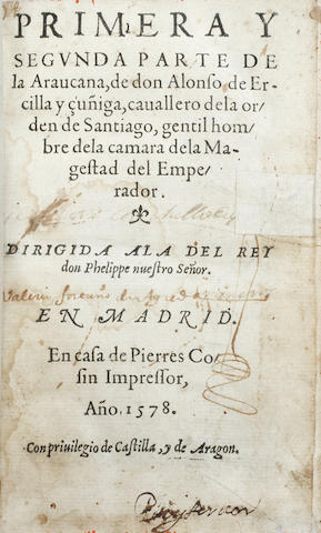 ERCILLA Y ZUNIGA (ALONSO DE) Primera y segunda parte de la Araucana, 2 parts in 1 vol., FIRST EDITION TO INCLUDE PART 2, Madrid, Pierre Cosin, 1578