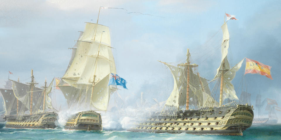 William John Huggins (British, 1781-1845) Captain Collingwood's 74-gun Excellent engaging two enemy vessels, including the mighty 110-gun Spanish 4-decker Salvador del Mundo, at the battle of Cape St. Vincent, 14th February 1797