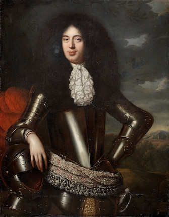 Circle of Pieter Nason (Amsterdam 1612-1688 The Hague) Portrait of a gentleman in armour, three-quarter-length, with a landscape beyond unframed image 1
