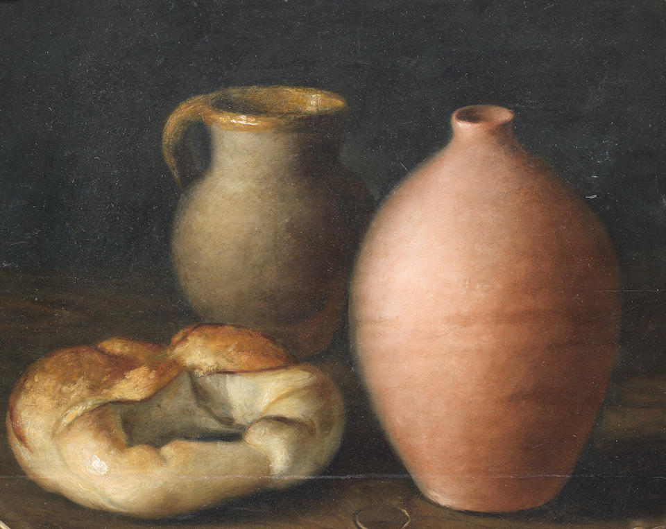Spanish School, 18th Century A jug, a vase and a loaf of bread on a table-top