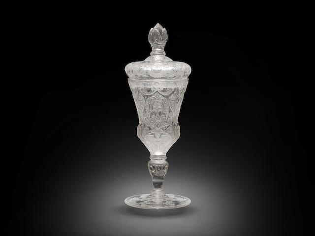 An important Silesian Hochschnitt goblet and cover by Friedrich Winter, Hermsdorf, circa 1700