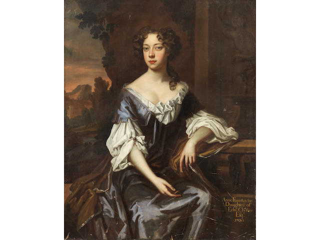 Circle of Sir Peter Lely (Soest 1618-1680 London) Portrait of a lady, traditionally identified as Anne Fountayne, three-quarter-length, in a blue dress, seated