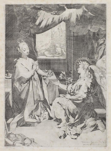 Federico Barocci (Italian, circa 1535-1612) The Annunciation Etching, circa 1585, a good but later impression, with the artist's signature lower right, on laid, with a watermark of a man holding a cross on an escutcheon (M.11), with wide margins, 437 x 315mm (17 1/4 x 12 3/8in)(PL)