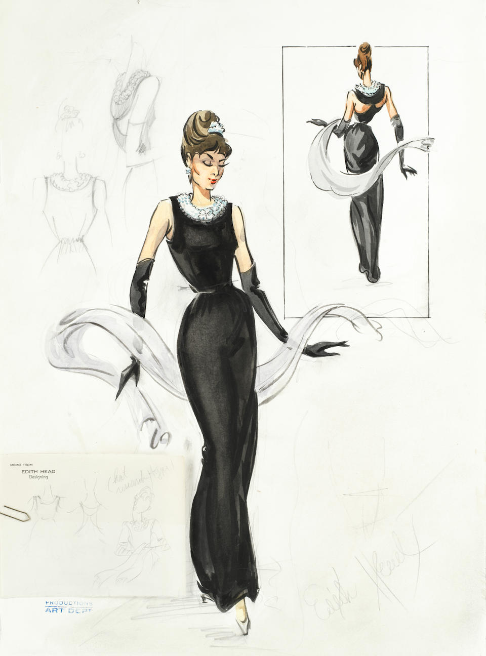 Bonhams Edith Head Audrey Hepburn A Watercolour And Pencil Costume Sketch Of Audrey Hepburn As Holly Golightly For Breakfast At Tiffany S Paramount 1961 A drawing of audrey hepburn, made completely of small dots. bonhams edith head audrey hepburn