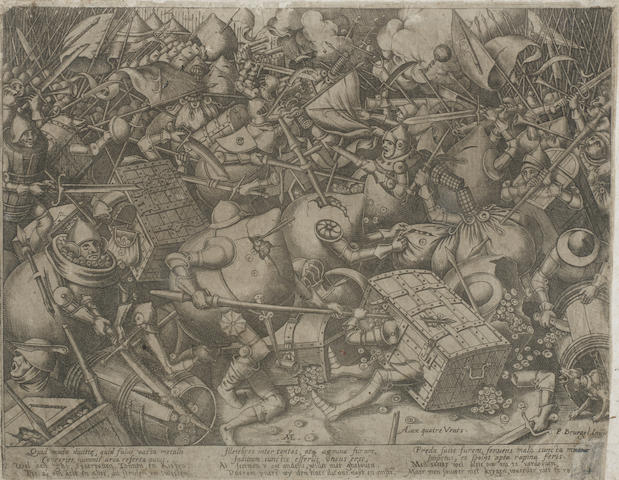 After Pieter Bruegel the Elder (Dutch, 1525-1569) The Fight of the Moneybags and the Strongboxes Engraving, circa 1570, by Pieter van der Heyden, Basteler's state 'A' (of D), with the artist's monogram in the centre, 'P.Bruegel Inuet' and the name of the publisher 'Aux Quatre Vents', on laid, with paper loss in the narrow margins and in the lower right corner, 236 x 304mm (9 3/8 x 12 1/8in(PL)(unframed)