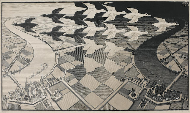 Maurits Cornelis Escher (Dutch, 1898-1972) Day and Night Woodcut printed in black and grey, 1938, on tissue-thin laid japan, signed and inscribed 'eigen druk' in pencil, printed by the artist, with margins, 391 x 677mm (15 3/8 x 26 5/8in)(B); together with a small collection of correspondence relating to the purchase of the artist's work, including four handwritten pieces from Escher (2)