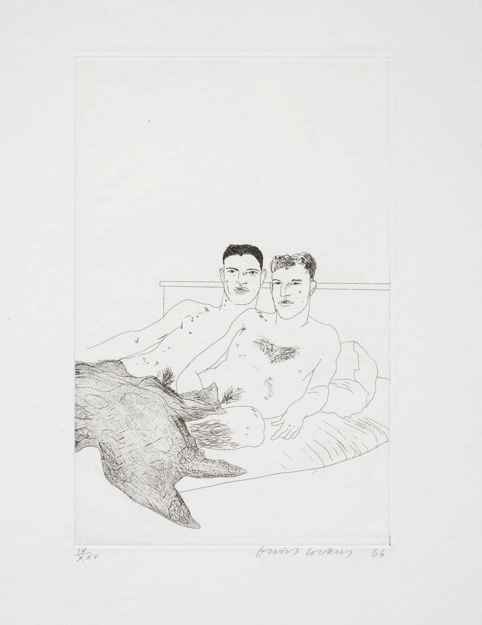 David Hockney (British, born 1937) Illustrations for Fourteen Poems from C.P. Cavafy The complete portfolio, 1966, edition E, comprising 13 etchings with aquatint, on J. Barcham Green vellum wove, each signed, dated and numbered IV/XXV in pencil, together with title, contents, text and justification pages, published 1967 by Editions Alecto, London, the plates stamped 'ea 362-373,431' respectively on the reverse, the full sheets, loose as issued, each within a separate folder containing the respective poem, within the original black leather portfolio box, 350 x 225mm (13 3/4 x 8 7/8in)(PL); 660 x 530mm (26 x 20 7/8in)(folio)