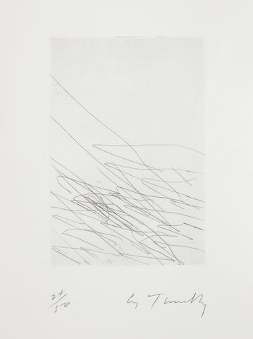 Cy Twombly (American, 1928-2011) 11 Grey Paintings: Series I The portfolio, 1967-70, comprising the etching, on wove, signed and numbered 24/50 in pencil, together with eleven black and white offset lithographs of grey paintings mounted to board as issued, published by Addenda Editore, Rome, with the original white linen-covered slipcase, 290 x 195mm (11 3/8 x 7 5/8in)(PL); 505 x 410mm (19 7/8 x 16 1/8in)(folio)(2)