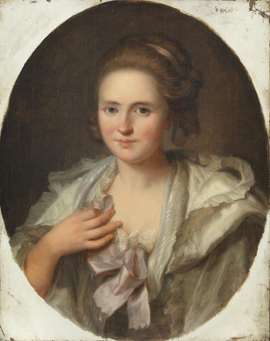 Jean Baptiste Greuze (Tournus 1725-1805 Paris) Portrait of a girl, half-length, in a white dress and pink bow,  unframed