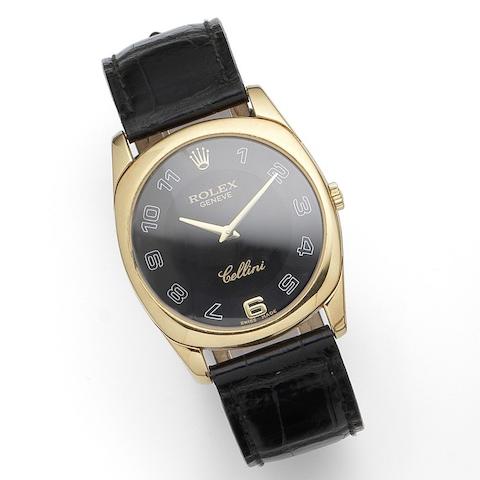 Rolex. An 18K gold manual wind cushion form wristwatch Cellini, Ref:4233, Serial No.A84****, Sold 26th June 2007