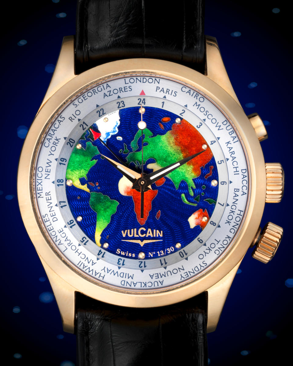 Vulcain. A Limited Edition 18K rose gold manual wind alarm wristwatch with World Time and cloisonne enamel dial Cloisonne The World, Ref:100508.127, No.13/30, Circa 2010
