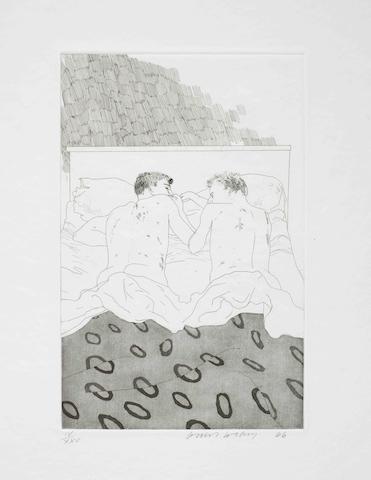 David Hockney (British, born 1937) Illustrations for Fourteen Poems from C.P. Cavafy The complete portfolio, 1966, edition E, comprising 13 etchings with aquatint, on J. Barcham Green vellum wove, each signed, dated and numbered IV/XXV in pencil, together with title, contents, text and justification pages, published 1967 by Editions Alecto, London, the plates stamped 'ea 362-373,431' respectively on the reverse, the full sheets, loose as issued, each within a separate folder containing the respective poem, within the original black leather portfolio box, 350 x 225mm (13 3/4 x 8 7/8in)(PL); 660 x 530mm (26 x 20 7/8in)(folio)