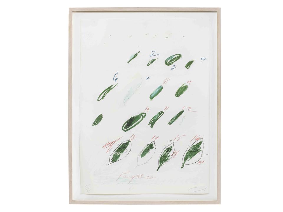 Cy Twombly (American, 1928-2011) Natural History, Part II: Some Trees of Italy The complete set, 1975-76, comprising eight lithographs, granolithographs and collotypes printed in colours, on Fabriano B&#252;tten wove, plate I with the transparent paper overlay, each signed with initials and numbered 55/98 in pencil, printed by Matthieu Studio, Z&#252;rich-Dielsdorf, with their blindstamp, published by Propyl&#228;en Verlag, Berlin, the full sheets, 760 x 565mm (30 x 22 1/4in)(SH) 8