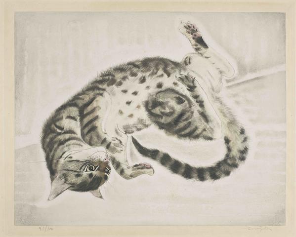 L&#233;onard Tsuguharu Foujita (Japanese/French, 1886-1968) Twisting Cat, from Les Chats Etching and aquatint printed in colours, circa 1930, on chine appliqu&#233; to japan support, signed and numbered 81/100 in pencil, published by Les Editions Artistiques Apollo, Paris, with full margins, 315 x 388mm (12 3/8 x 15 1/4)(PL) unframed
