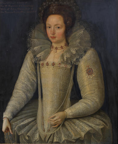 Marcus Gheeraerts the Younger (Bruges 1561-1635 London) Portrait of  Ellen Maurice, three-quarter-length, in a white lace ruff and white dress embellished with pearls