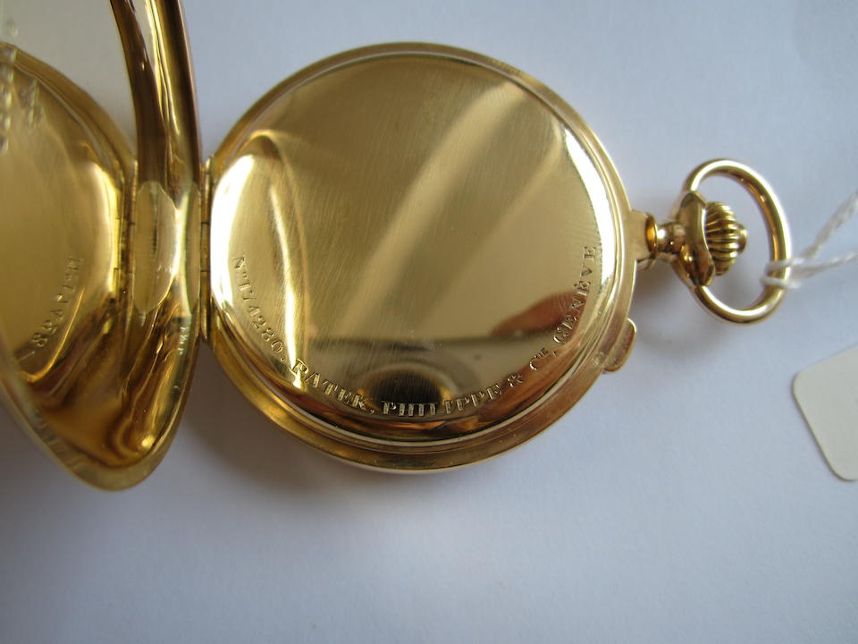 Patek Philippe. An 18K gold keyless wind chronograph full hunter pocket watch Case & Cuvette No.405.919, Cuvette & Movement No.174.280, Manufactured 1916, Sold 31st January 1931