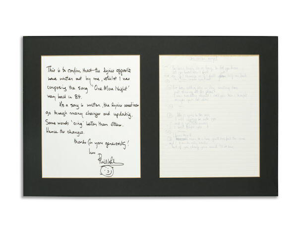 Bonhams Phil Collins Handwritten Lyrics For One More Night 1984
