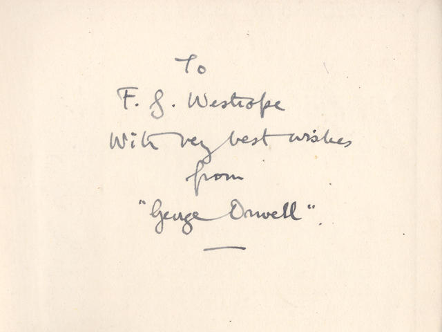 ORWELL (GEORGE) Keep the Aspidistra Flying, FIRST EDITION, AUTHOR'S PRESENTATION COPY, INSCRIBED "To, F.G. Westrope, with very best wishes, from, 'George Orwell'" on the front free endpaper, Victor Gollancz, 1936