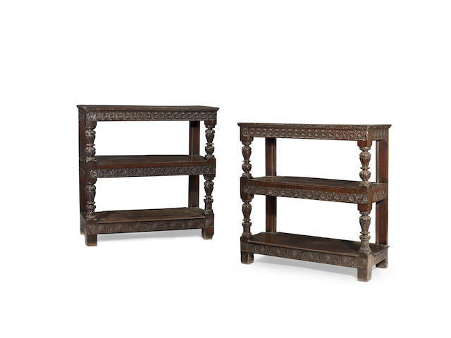 Two remarkable Elizabeth I joined oak three-tier buffets, made ensuite, circa 1580-1600  (2)