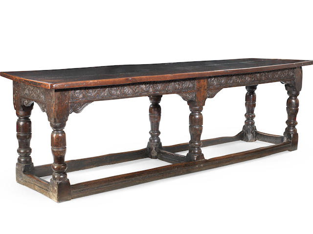 A rare and good Charles I joined oak six-leg refectory table, circa 1640