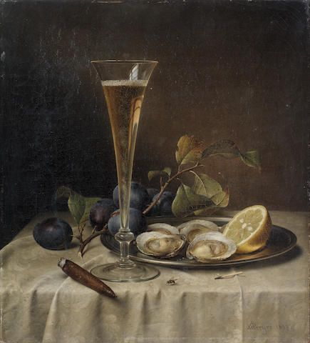 Johann Wilhelm Preyer (German, 1803-1889) Still life with champagne and oysters