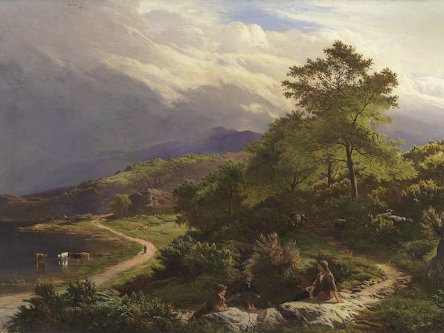 Sidney Richard Percy (British, 1821-1886) Figures resting in a mountain landscape