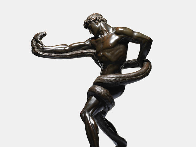 Frederic Leighton, 1st Baron Leighton P.R.A., R.W.S., known as Sir Frederic Leighton (British, 1830-1896): An important bronze figure of 'An Athlete Wrestling A Python'