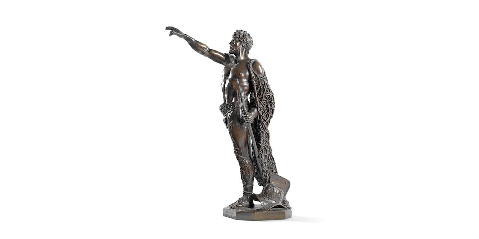 After Pavel-Velonsky (Russian, 1849-1931): A late 19th century patinated bronze figue of a gladiator
