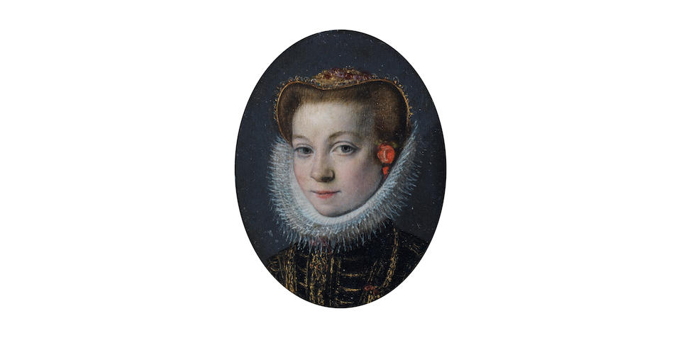 Flemish School, late 16th Century Portrait of a girl, bust-length, in black and gold costume