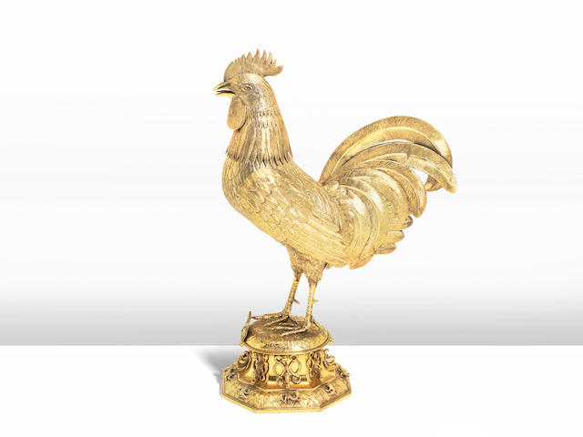 A renaissance revival silver-gilt large model of a cockerel 19th century, probably German, with pseudo marks for Jacob Stoer or George Schryer