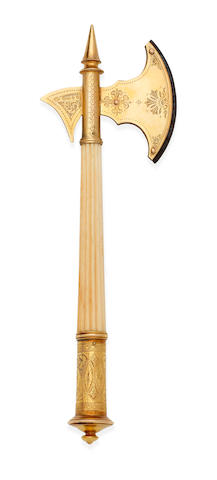 A 15 carat gold and ivory launching axe for the Irish ferry S.S. ULSTER, Walter & John Barnard, dated London 1895, 8in (20cm) long